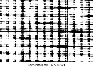 Grunge la textura en blanco y negro de la rejilla antigua. Fondo urbano monocromo de una sucia superficie de entramado con manchas, rayas, ruido y grano. Plantilla de superposición. Ilustración del vector