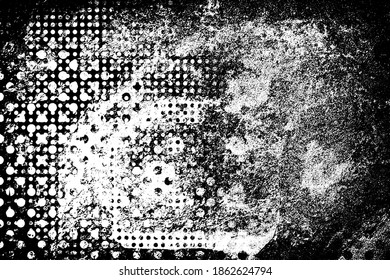 Grunge black and white texture. Pattern of scratches, chips, wear, and scuffs. Monochrome vintage background. Pattern of dirt, dust