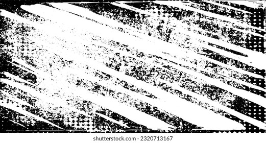 Grunge Schwarz-Weiß Urban Vektorgrafik Vorlage. Dunkel-strahlender Staubüberhang stört Hintergrund. Einfach zu erstellen Abstrakter, gepunkteter, kratzter, Vintage-Effekt mit Lärm und Grain