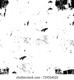 Grunge black and white vector background. Monochrome seamless texture of cracks, chips, stains. Vintage ink blots on the old surface. Abstract dark retro background