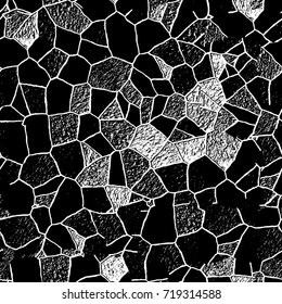 Grunge black and white vector background. Monochrome seamless texture of cracks, chips, stains. Vintage ink blots on the old surface. Abstract dark retro background