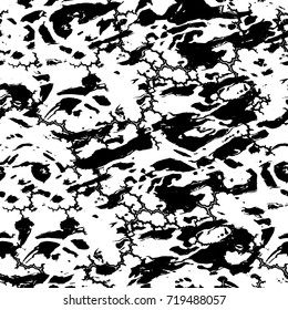 Grunge black and white vector background. Monochrome seamless texture of cracks, chips, stains. Vintage ink blots on the old surface. Abstract dark retro background