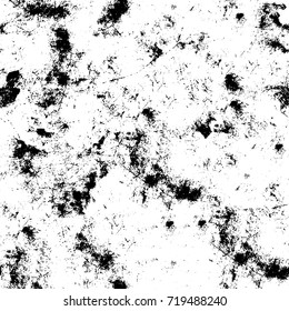Grunge black and white vector background. Monochrome seamless texture of cracks, chips, stains. Vintage ink blots on the old surface. Abstract dark retro background