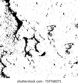 Grunge black and white vector background. Monochrome seamless texture of cracks, chips, stains. Vintage ink blots on the old surface. Abstract dark retro background