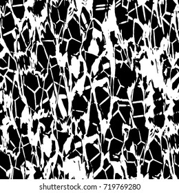 Grunge black and white vector background. Monochrome seamless texture of cracks, chips, stains. Vintage ink blots on the old surface. Abstract dark retro background