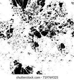 Grunge black and white vector background. Monochrome seamless texture of cracks, chips, stains. Vintage ink blots on the old surface. Abstract dark retro background