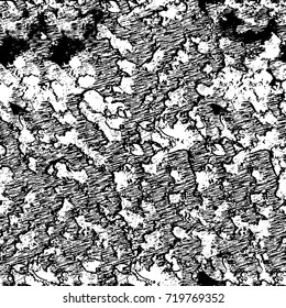 Grunge black and white vector background. Monochrome seamless texture of cracks, chips, stains. Vintage ink blots on the old surface. Abstract dark retro background