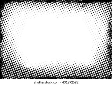 Grunge Black and White Vector Frame with halftone dots . Textured rectangle for image .