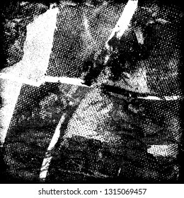 Grunge black and white vector. Pattern scratches, chips, cracks. Monochrome abstract background. The old faded surface is worn. Vintage antique paper in paint brush strokes with dry brush