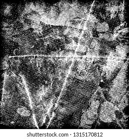 Grunge black and white vector. Pattern scratches, chips, cracks. Monochrome abstract background. The old faded surface is worn. Vintage antique paper in paint brush strokes with dry brush