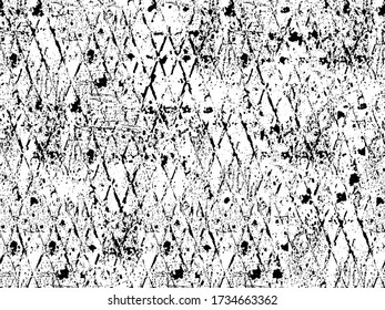 Grunge is black and white. Vector texture of destruction. Abstract monochrome background. Pattern of cracks. Vintage worn surface. The aged wall in gloomy chips