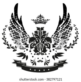 Grunge black wings with floral elements, isolated on white, vector