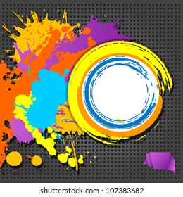 Grunge blank banner with multicolored splashes on the metallic background