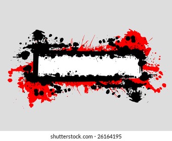 Grunge blank frame with red splashes on a grey background