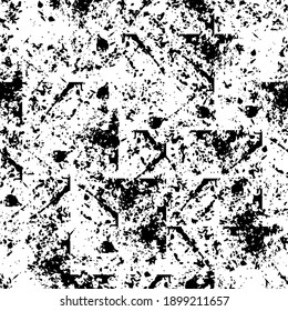 Grunge block print style geometric texture. Seamless vector pattern background with paint spatter. Monochrome organic textural backdrop repeat. Scattered irregular shapes, faded layered effect.