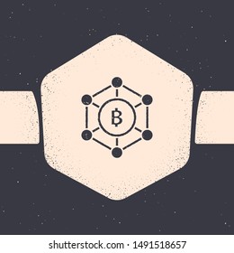 Grunge Blockchain technology Bitcoin icon isolated on grey background. Abstract geometric block chain network technology business. Monochrome vintage drawing. Vector Illustration