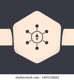 Grunge Blockchain technology Ethereum ETH icon isolated on grey background. Abstract geometric block chain network technology business. Monochrome vintage drawing. Vector Illustration