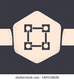 Grunge Blockchain technology icon isolated on grey background. Cryptocurrency data. Abstract geometric block chain network technology business. Monochrome vintage drawing. Vector Illustration