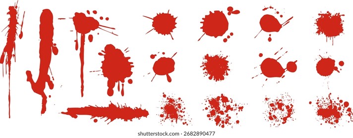 Grunge blutige Splash-Kollektion. Vektorrote Farbflecken, Tropfen und Spritzer für Halloween-Hintergründe