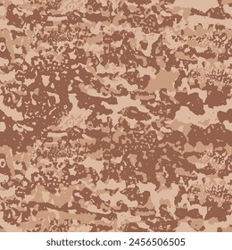 Grunge blot splashes texture and wet brush strokes for camouflage clothing, dirty spotted print. Camo textiles, seamless pattern. Desert military style, brown bark background. Vector smear wallpaper 