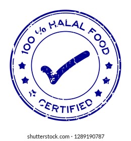 Grunge blue 100 percent halal food certified with mark icon round rubber seal stamp on white background