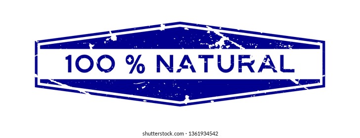 Grunge blue 100 percent natural word hexagon rubber seal business stamp on white background