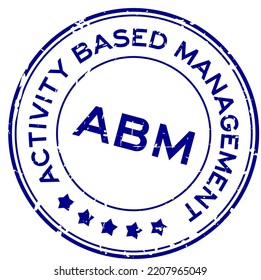 Grunge blue ABM Activity Based Management word round rubber seal stamp on white background