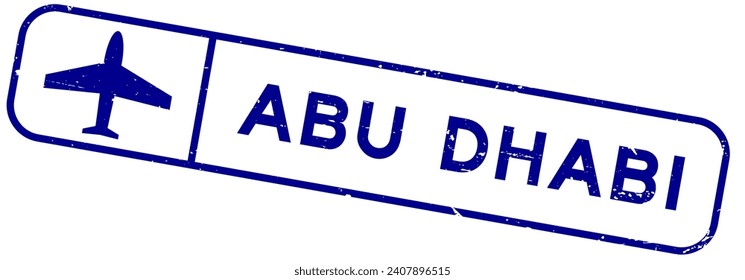 Grunge blue abu dhabi word with plane icon square rubber seal stamp on white background