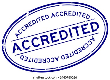 Grunge blue accredited word oval rubber seal stamp on white background