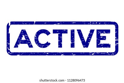 Grunge blue active square rubber seal stamp on white background