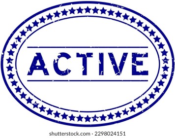 Grunge blue active word oval rubber seal stamp on white background