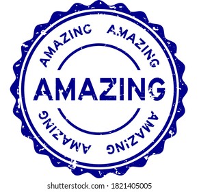 Grunge blue amazing word round rubber seal stamp on white background