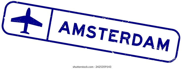 Grunge blue amsterdam word with plane icon square rubber seal stamp on white background