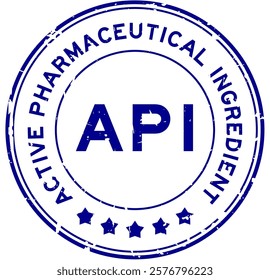 Grunge blue API Active Pharmaceutical Ingredient word round rubber seal stamp on white background