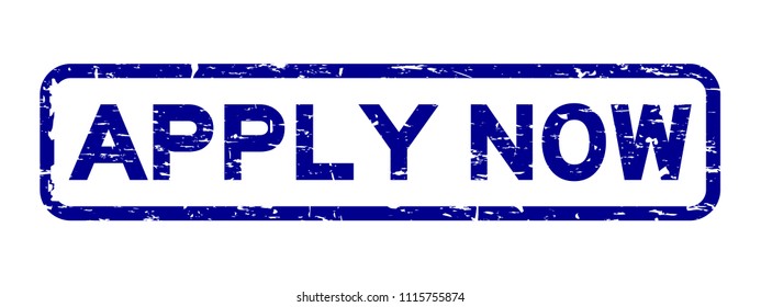 Grunge blue apply now square rubber seal stamp on white background