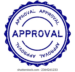 Grunge blue approval word round rubber seal stamp on white background