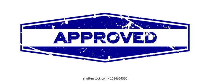 Grunge blue approved hexagon rubber seal stamp on white background