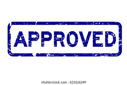 Grunge blue approved square rubber seal stamp on white background