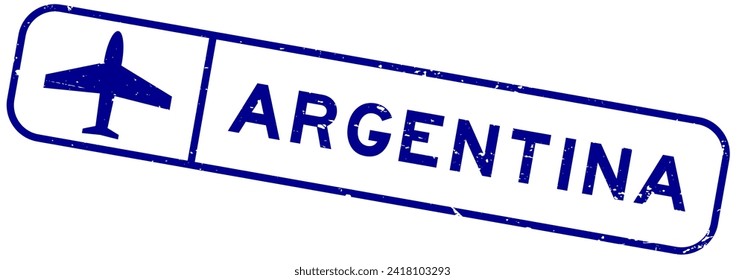 Grunge blue argentina word with plane icon square rubber seal stamp on white background