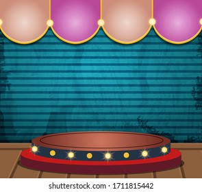 Grunge blue background with circus vintage tent and podium. Design for presentation, concert, show. Vector illustration