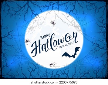 Grunge blue background with Halloween Moon and dark trees. Card with bats and black spiders in cobwebs. Illustration can be used for children's holiday design, decorations, cards, banners