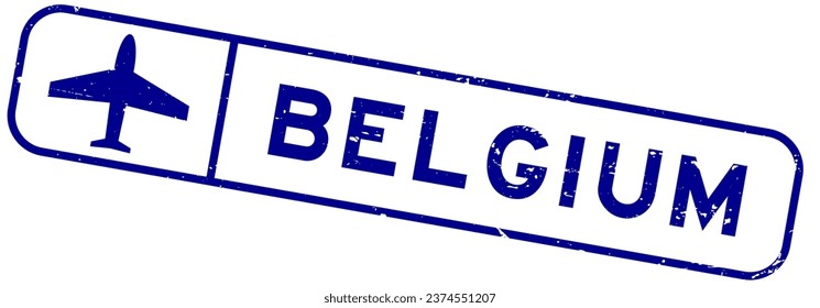 Grunge blue belgium word with plane icon square rubber seal stamp on white background