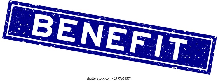 Sello de goma cuadrado de palabra beneficio azul grunge sobre fondo blanco