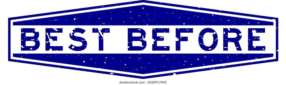 Grunge blue best before word hexagon rubber seal stamp on white background