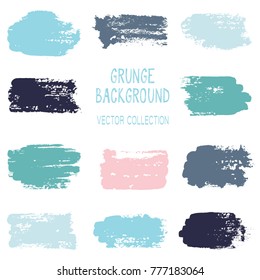 Grunge blue brush stroke texture backgrounds vector collection, set of paint dabs, splashes design. Brushstroke rough painted elements, splats, stains. Banner or label watercolor splash backgrounds.