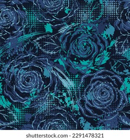 Patrón de camuflaje azul ondulado con rosas, pintura salpicada, pinceladas de pincel, hojas, formas de semitonos. Composición caótica densa Para prendas de vestir, tejidos, textiles, artículos deportivos Textos gruesos
