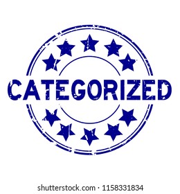Grunge blue categorized with star icon round rubber stamp on white background