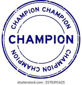 Grunge blue champion word round rubber seal stamp on white background