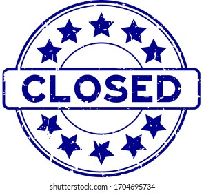 Grunge blue closed word with star icon rubber seal stamp on white background