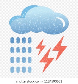 Grunge blue cloud icon with lightning and rain. Cartoon illustration of blue cloud with lightning and rain vector icon for web. A child's drawing of rain. Application on t-shirts, bags. Isolated on